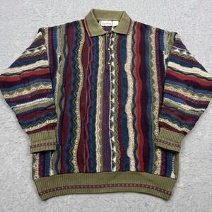 VTG 3D Knit Sweater Men's Medium M Multi Striped Textured Chunky Polo 90s Italy